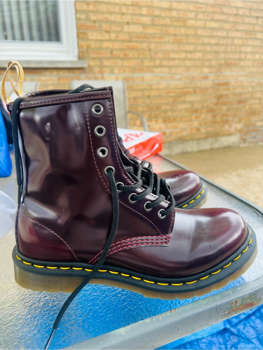 Dr. Martens Smooth Leather Boots in Oxblood with Yellow Stitching